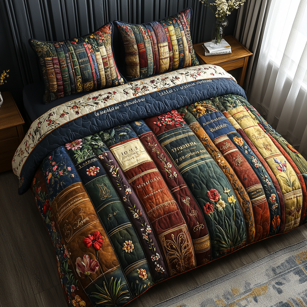 Vintage Volumes quilted 3-piece bedding set on a made bed with two matching pillow shams