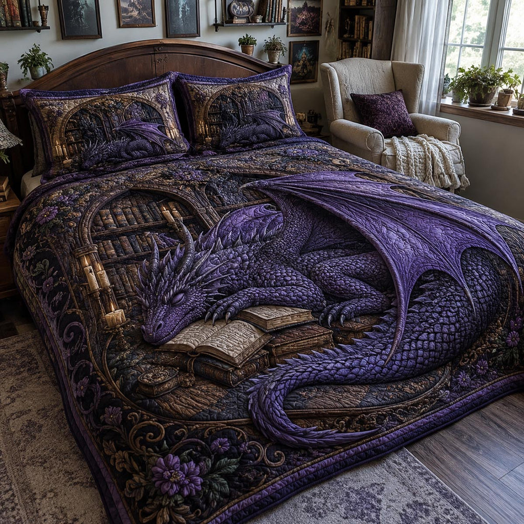 Violet Bookwyrm quilted 3-piece bedding set on a made bed with two matching pillow shams