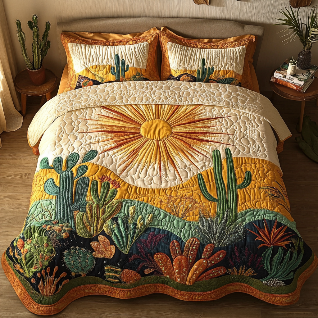 Western Dawn Bedspread quilted 3-piece bedding set on a made bed with two matching pillow shams