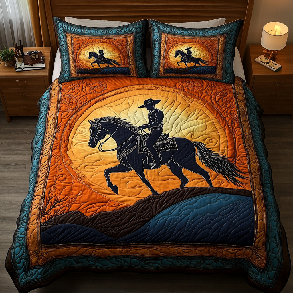Western Frontier quilted 3-piece bedding set on a made bed with two matching pillow shams