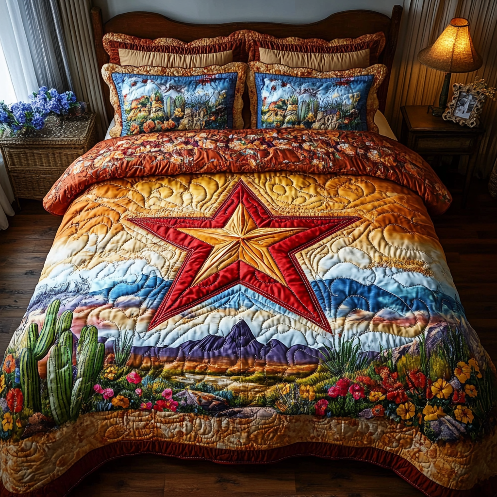 Western Glow Bedspread quilted 3-piece bedding set on a made bed with two matching pillow shams