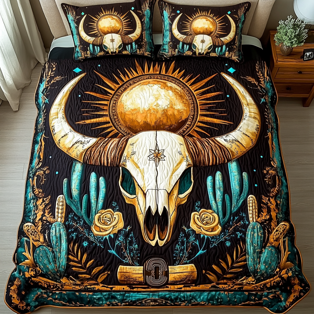 Western Grace quilted 3-piece bedding set on a made bed with two matching pillow shams