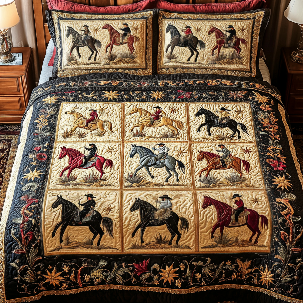Western Nights quilted 3-piece bedding set on a made bed with two matching pillow shams