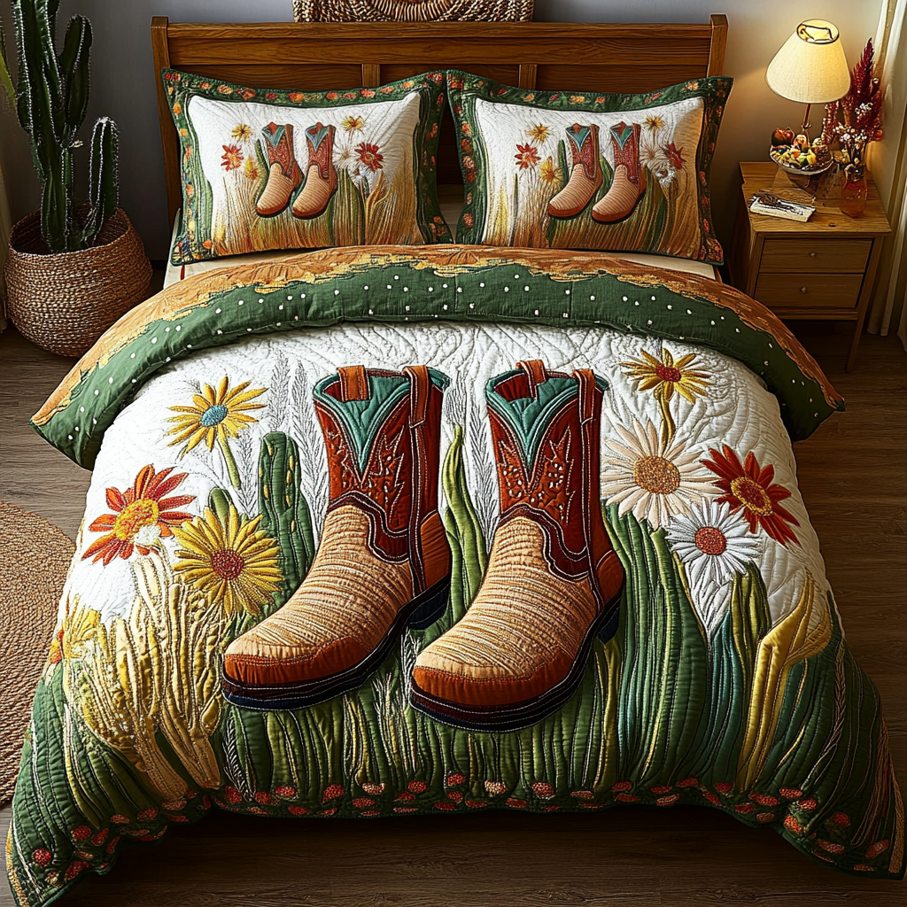 Western Serenity Cacti quilted 3-piece bedding set on a made bed with two matching pillow shams
