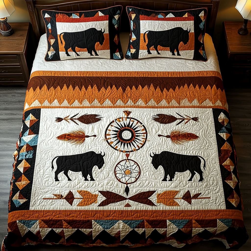 Western Soul Bison quilted 3-piece bedding set on a made bed with two matching pillow shams