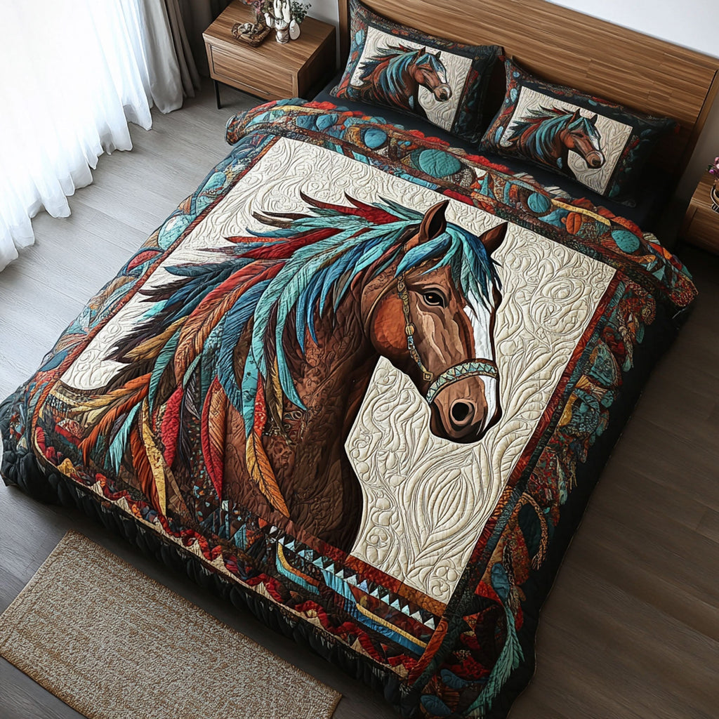 Western Spirit Animal quilted 3-piece bedding set on a made bed with two matching pillow shams
