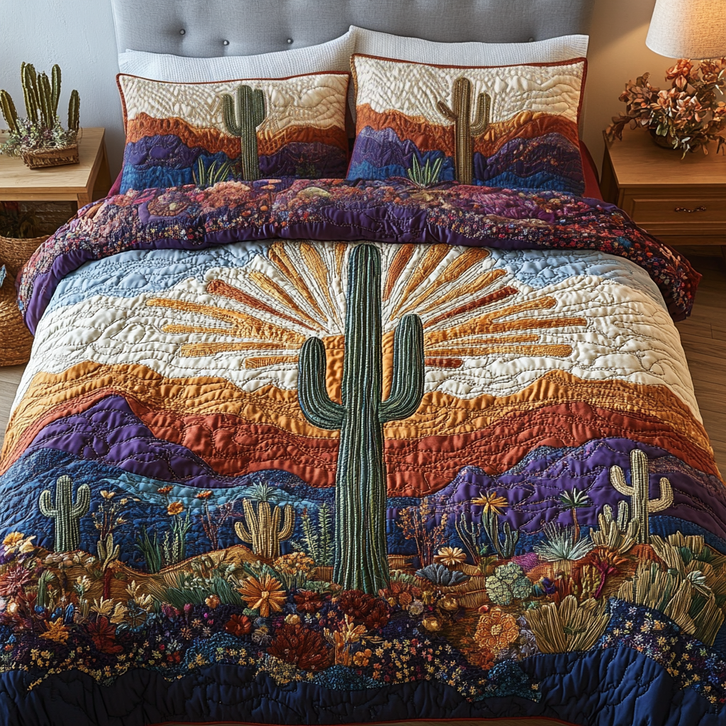 Western Spirit Cactus quilted 3-piece bedding set on a made bed with two matching pillow shams