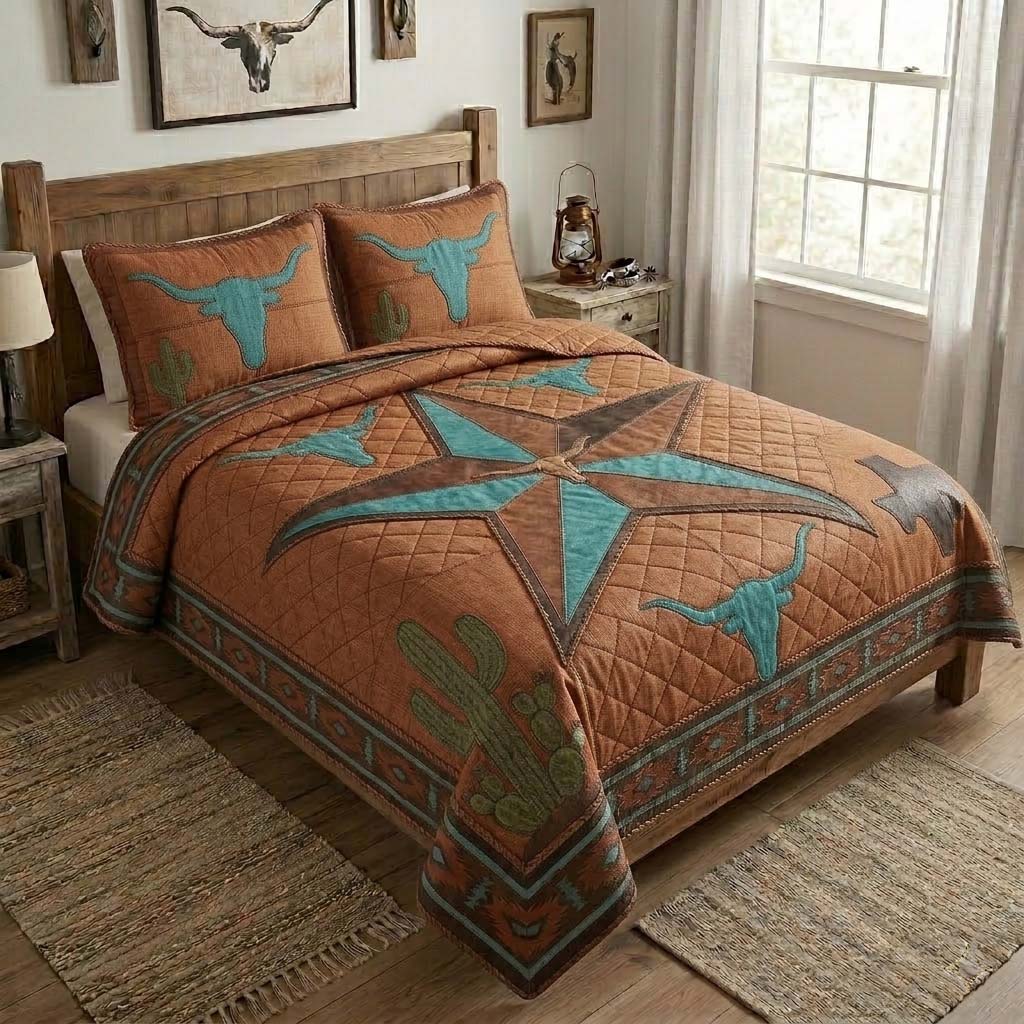 Western Star Texas quilted 3-piece bedding set on a made bed with two matching pillow shams