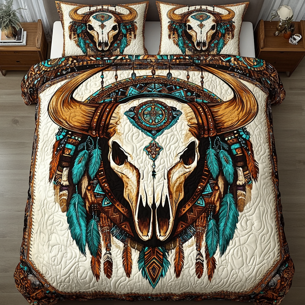 Western Totem quilted 3-piece bedding set on a made bed with two matching pillow shams