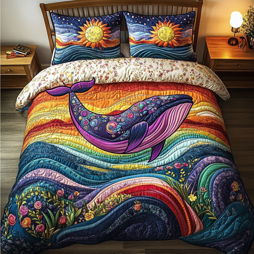 Whale Horizon quilted 3-piece bedding set on a made bed with two matching pillow shams