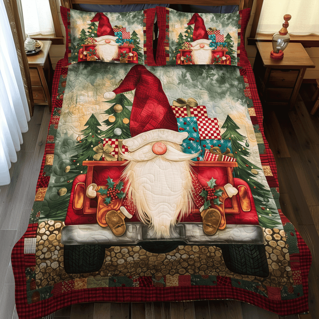 Whimsical Gnome quilted 3-piece bedding set on a made bed with two matching pillow shams