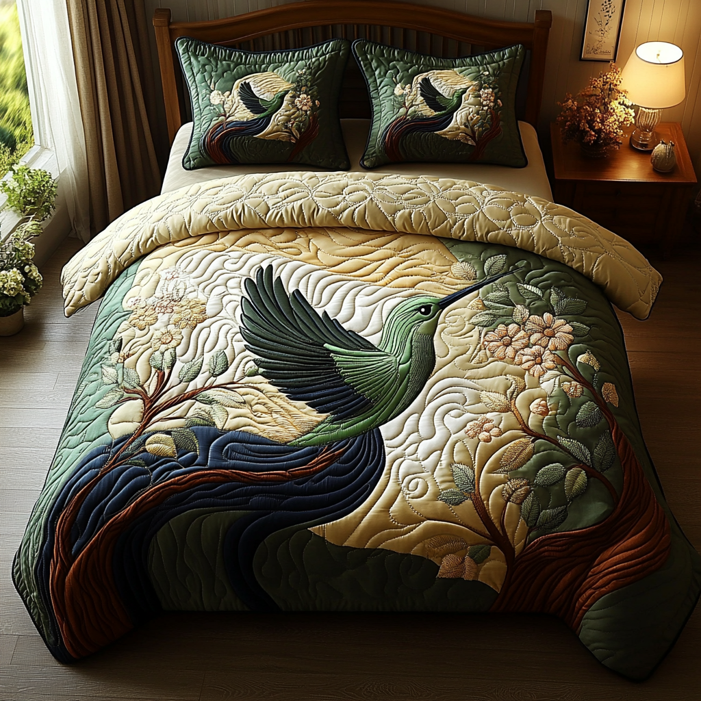 Whimsical Wings Animal quilted 3-piece bedding set on a made bed with two matching pillow shams