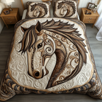 Whirling Horse quilted 3-piece bedding set on a made bed with two matching pillow shams
