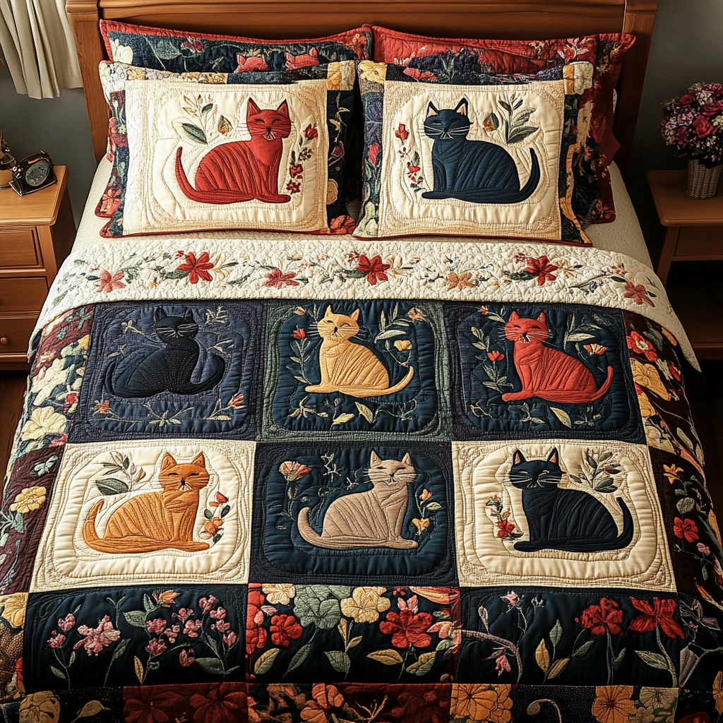 Whisker Dreams Animal quilted 3-piece bedding set on a made bed with two matching pillow shams