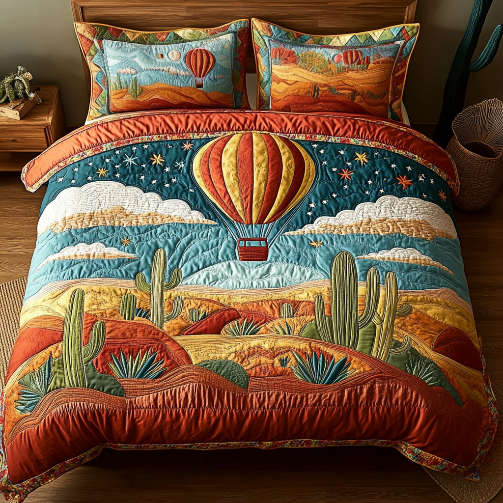Whispering Winds Balloon quilted 3-piece bedding set on a made bed with two matching pillow shams
