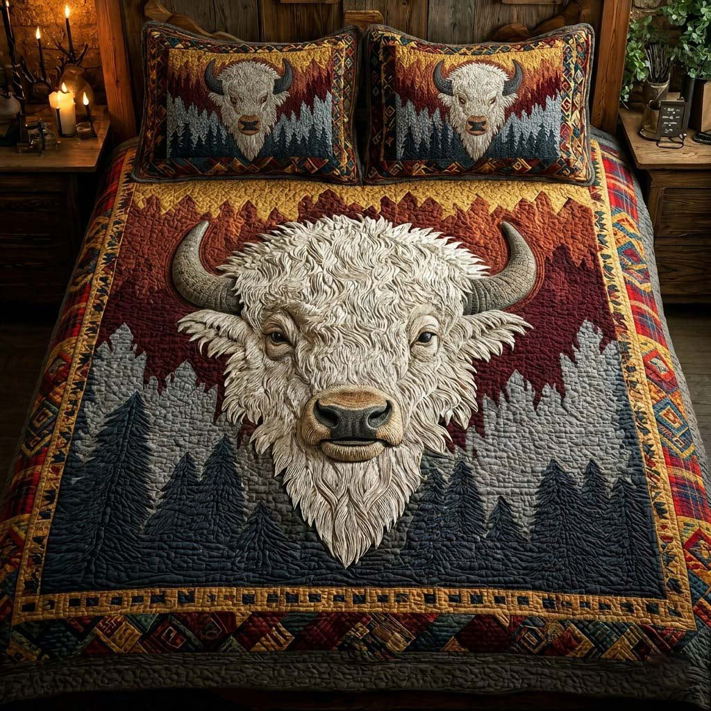 White Bison Soul quilted 3-piece bedding set on a made bed with two matching pillow shams