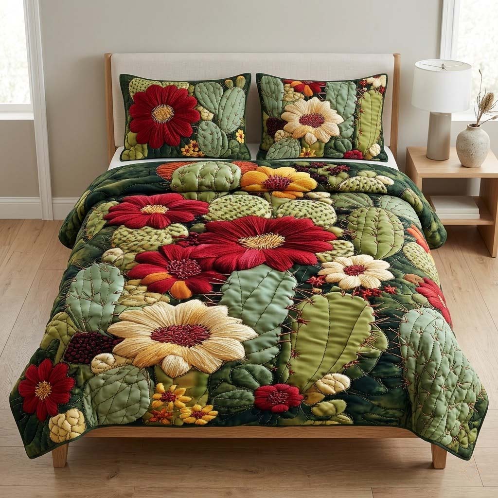Wild Bloom Cactus quilted 3-piece bedding set on a made bed with two matching pillow shams