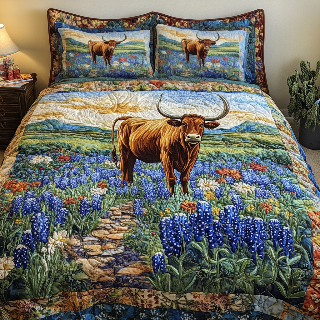 Wild Frontier Animal quilted 3-piece bedding set on a made bed with two matching pillow shams