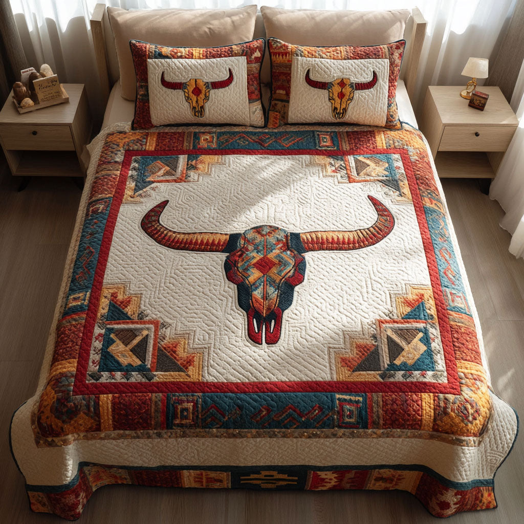 Wild Frontier Buffalo quilted 3-piece bedding set on a made bed with two matching pillow shams
