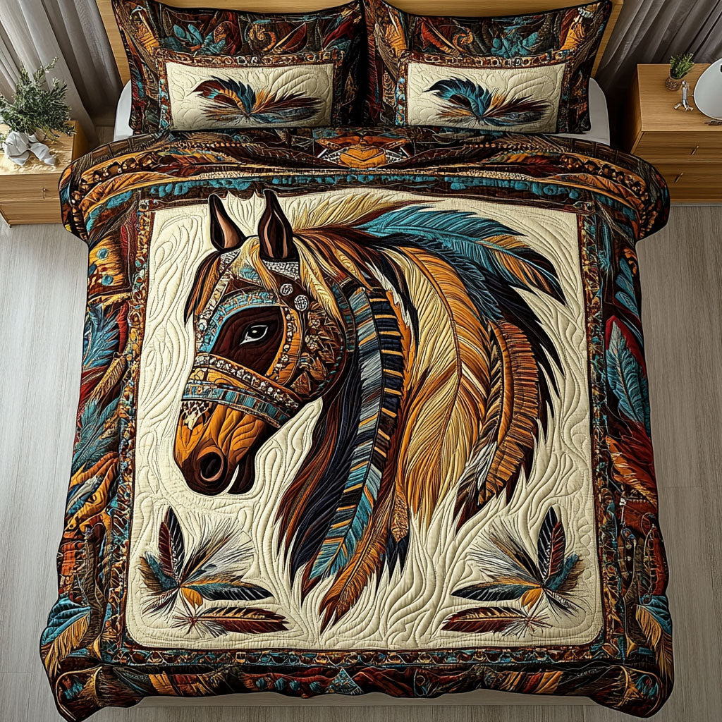 Wild Harmony Horse quilted 3-piece bedding set on a made bed with two matching pillow shams