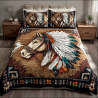 Wild Horse quilted 3-piece bedding set on a made bed with two matching pillow shams