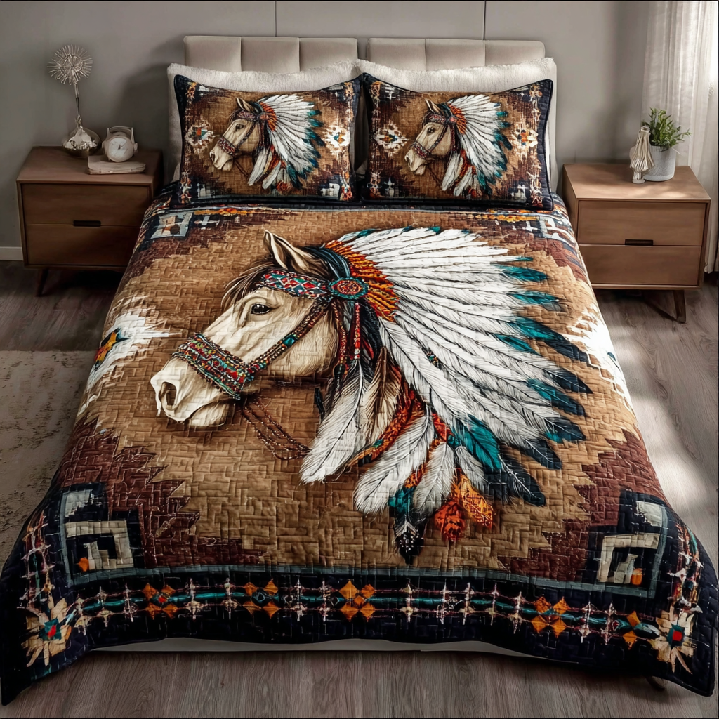 Wild Horse quilted 3-piece bedding set on a made bed with two matching pillow shams
