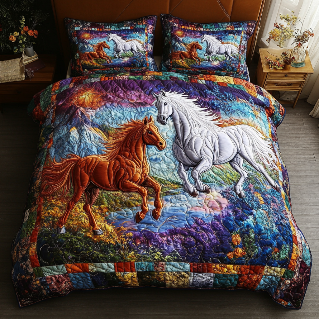Wild Spirit Animal Bedspread quilted 3-piece bedding set on a made bed with two matching pillow shams