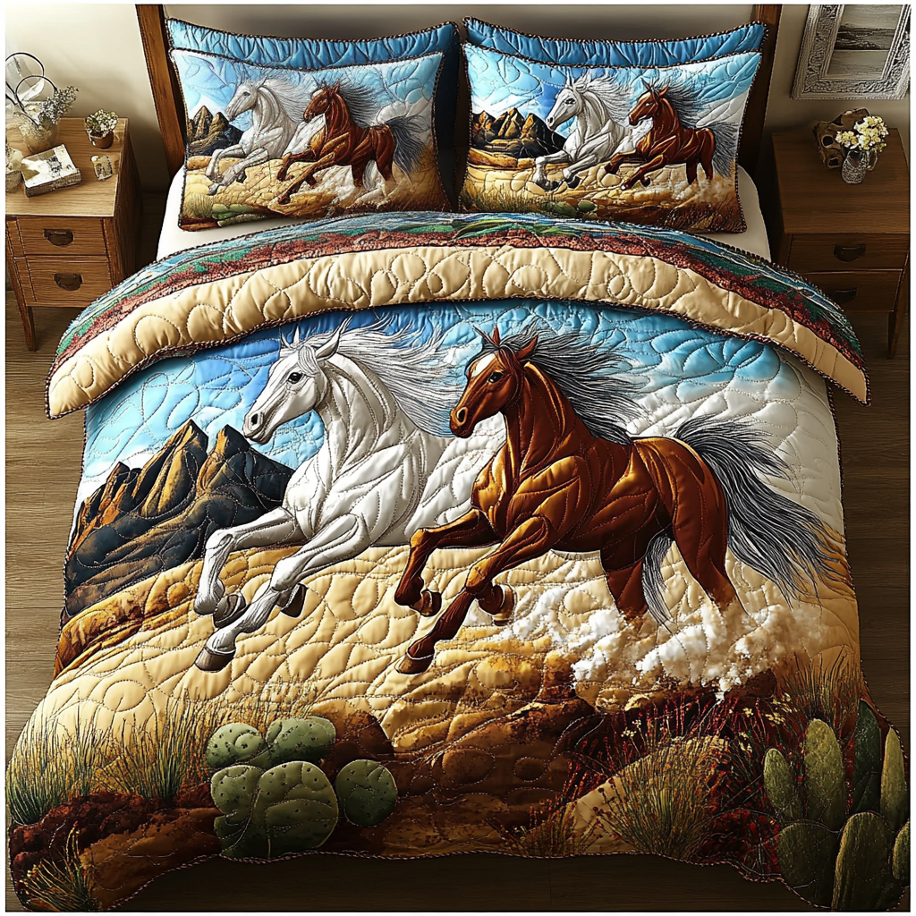 Wild Spirit Bedspreads quilted 3-piece bedding set on a made bed with two matching pillow shams