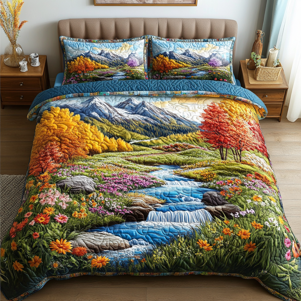 Wild View quilted 3-piece bedding set on a made bed with two matching pillow shams
