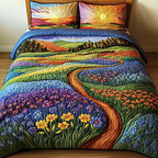 Wild West Blue Bonnet quilted 3-piece bedding set on a made bed with two matching pillow shams