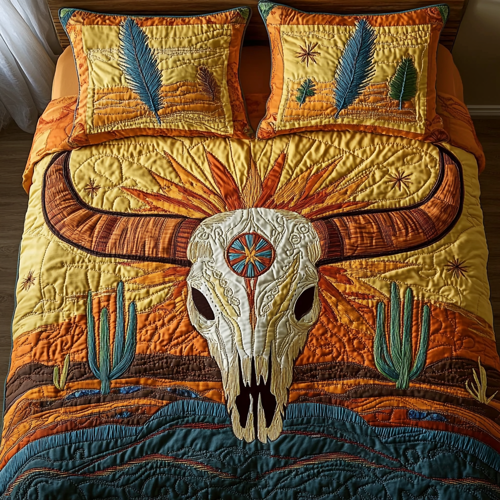 Wild West Charm Longhorn quilted 3-piece bedding set on a made bed with two matching pillow shams