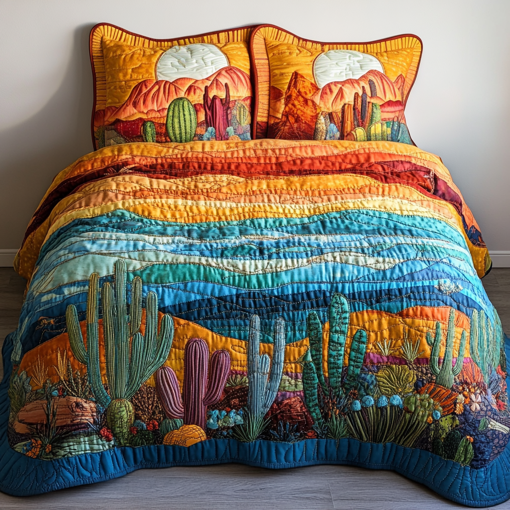 Wild West Desert quilted 3-piece bedding set on a made bed with two matching pillow shams