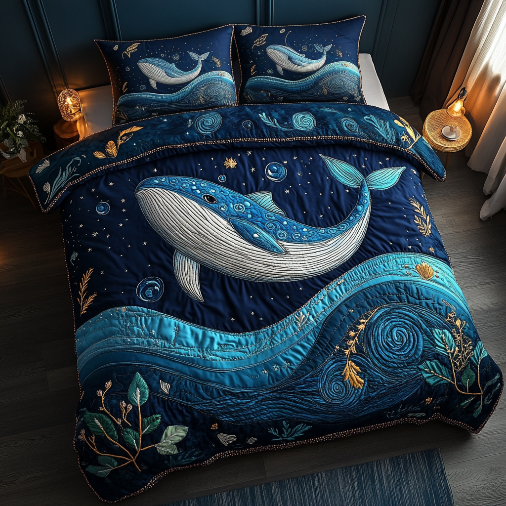 Wild Whale quilted 3-piece bedding set on a made bed with two matching pillow shams