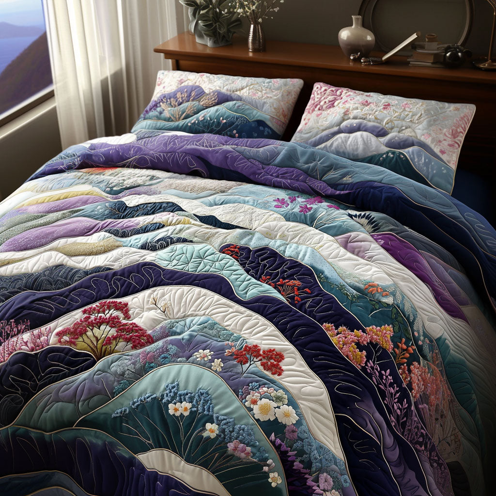 Winds Of Kyoto quilted 3-piece bedding set on a made bed with two matching pillow shams