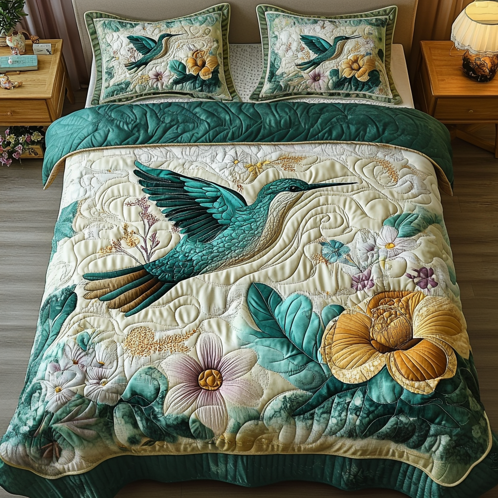 Wings Of Beauty Hummingbird quilted 3-piece bedding set on a made bed with two matching pillow shams