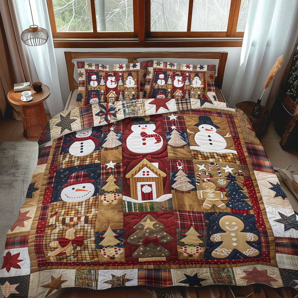 Winter Bliss Christmas quilted 3-piece bedding set on a made bed with two matching pillow shams