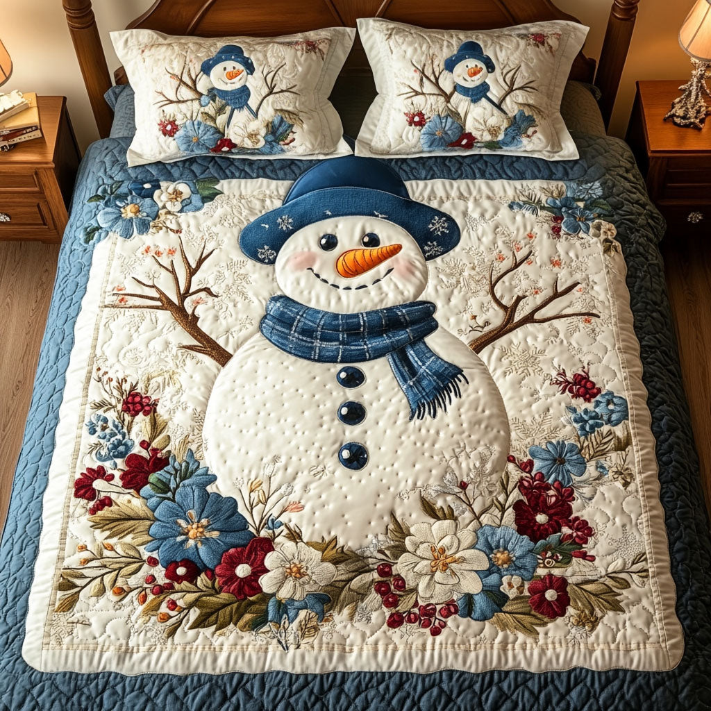 Winter Bliss Holiday quilted 3-piece bedding set on a made bed with two matching pillow shams