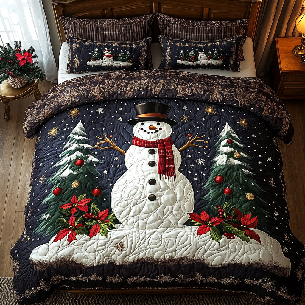 Winter Companions quilted 3-piece bedding set on a made bed with two matching pillow shams