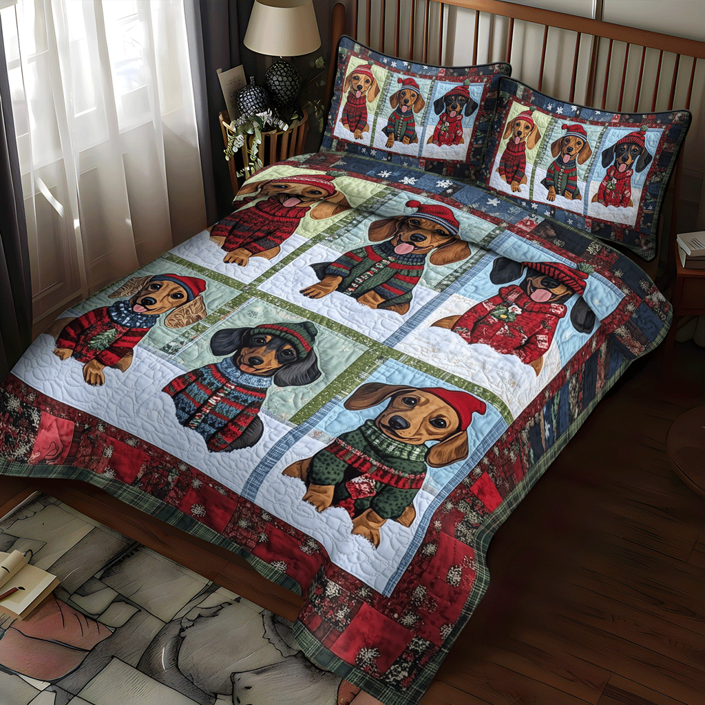 Winter Doxie Cozy quilted 3-piece bedding set on a made bed with two matching pillow shams