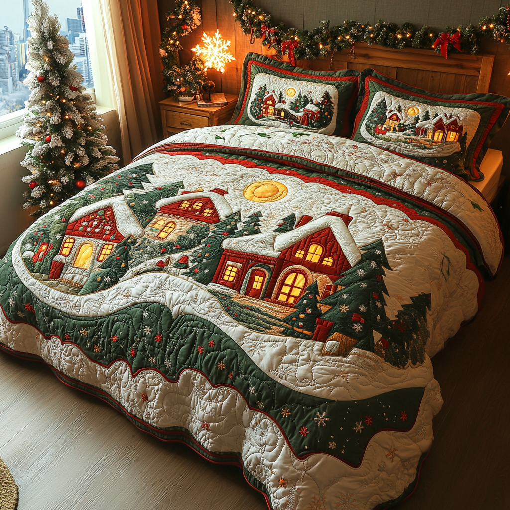 Winter Glow Bedspread quilted 3-piece bedding set on a made bed with two matching pillow shams