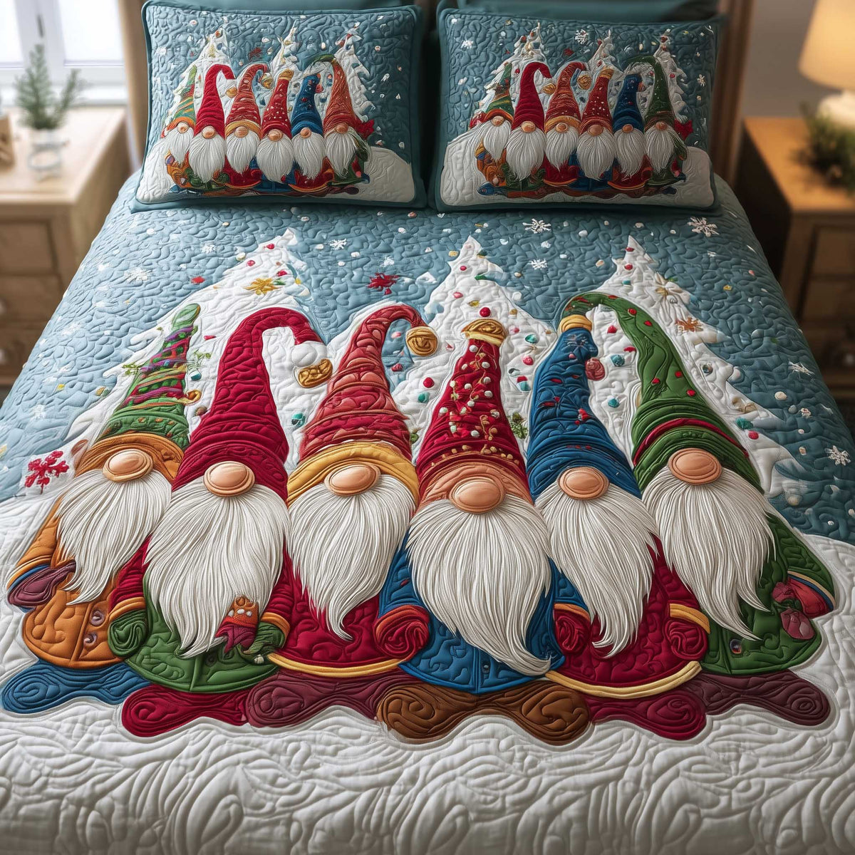 Winter Gnome Dreams quilted 3-piece bedding set on a made bed with two matching pillow shams