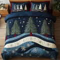 Winter Light Christmas Tree quilted 3-piece bedding set on a made bed with two matching pillow shams