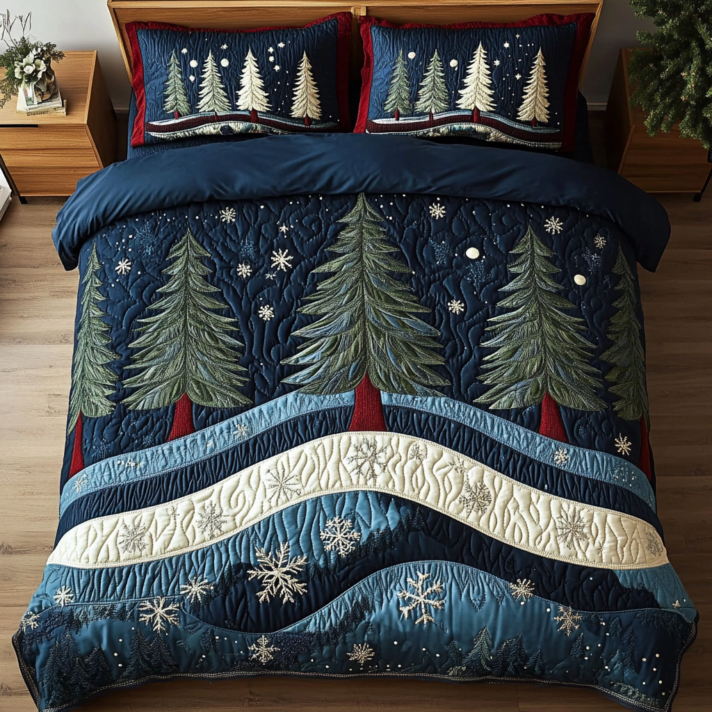Winter Light Christmas Tree quilted 3-piece bedding set on a made bed with two matching pillow shams