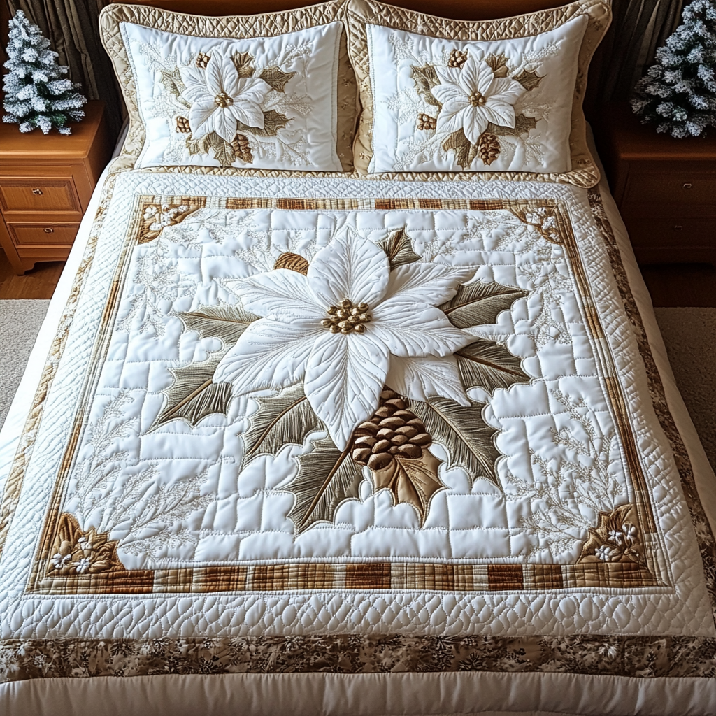 Winter Magic Blossoms quilted 3-piece bedding set on a made bed with two matching pillow shams