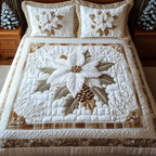 Winter Magic Blossoms quilted 3-piece bedding set on a made bed with two matching pillow shams