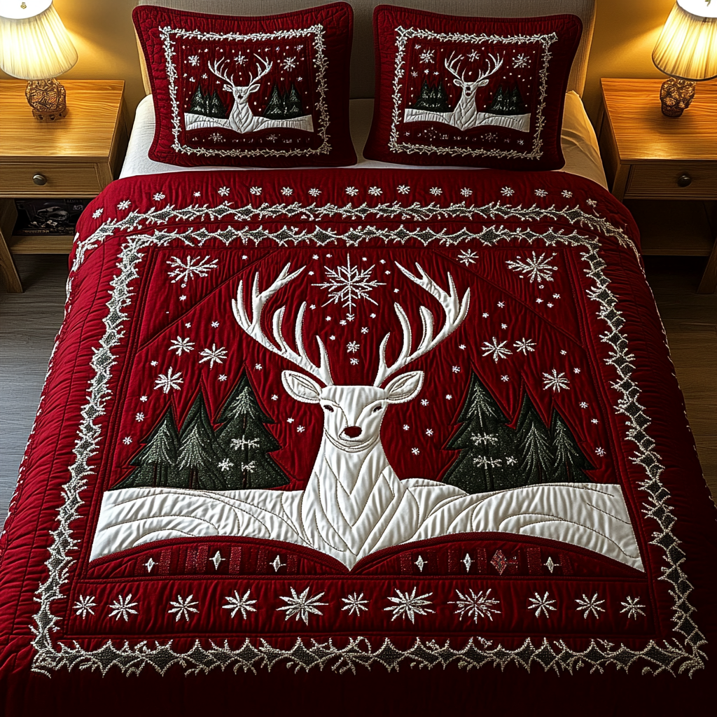 Winter Majesty quilted 3-piece bedding set on a made bed with two matching pillow shams