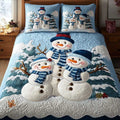 Winter Snowman quilted 3-piece bedding set on a made bed with two matching pillow shams