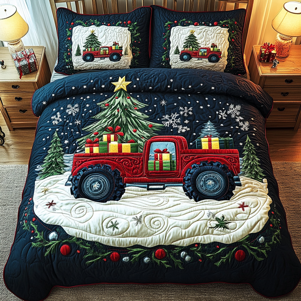 Winter Truck Rally quilted 3-piece bedding set on a made bed with two matching pillow shams