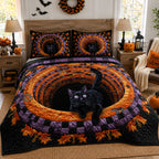 Witchy Whiskers Animal quilted 3-piece bedding set on a made bed with two matching pillow shams