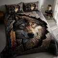 Wolf Mirage quilted 3-piece bedding set on a made bed with two matching pillow shams